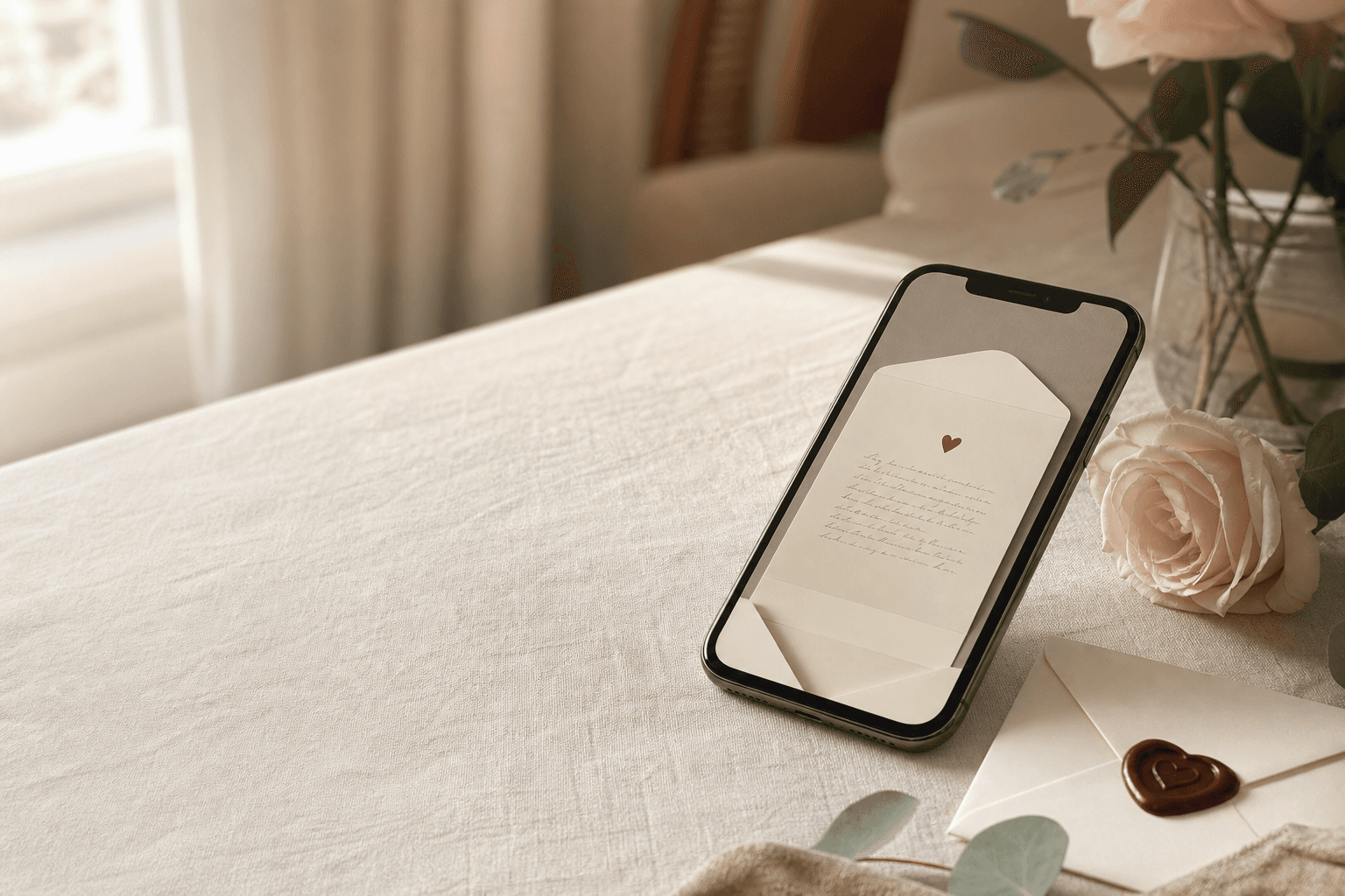 A digital love letter opened on a phone beside a rose and sealed envelope