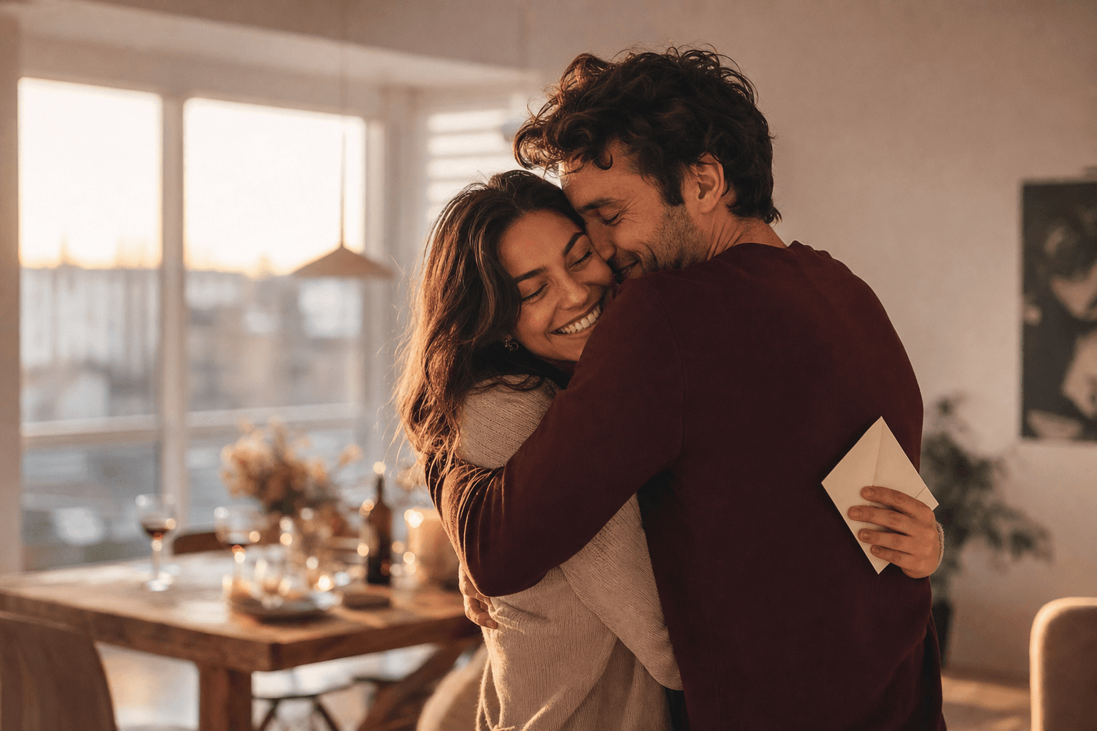 A happy couple embracing after opening a love letter